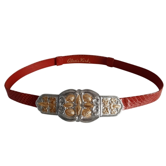Vtg ALEXIS KIRK Red Snakeskin Belt w/ 2pc Gold/Silver Etruscan Style Buckle O/S main image 5
